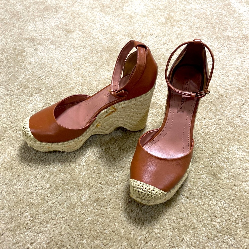BCBGMaxAzria Cognac Leather Espadrille Wedge Sandals